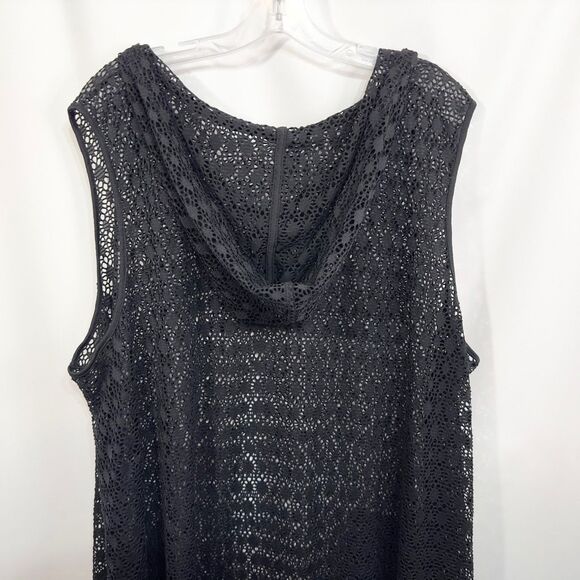 Catherines Plus Size 26W 28W Swim Cover‎ Up 3X Black Lace Hooded Pockets 1471 - Picture 5 of 8